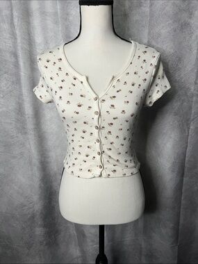 KIRIOUS Los Ángeles Cream Floral Button-Front Ribbed Crop Top - Small